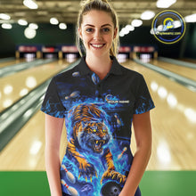 Load image into Gallery viewer, Custom Blue Fire Flame Tiger Bowling Team Polo Shirts For Women, Tiger Bowling Jerseys IPHW9481