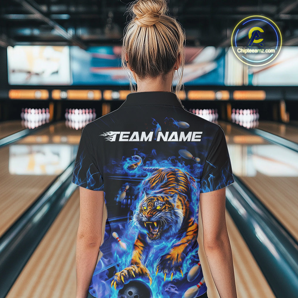 Custom Blue Fire Flame Tiger Bowling Team Polo Shirts For Women, Tiger Bowling Jerseys IPHW9481
