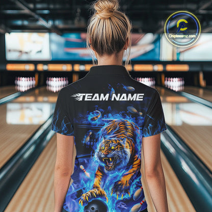 Custom Blue Fire Flame Tiger Bowling Team Polo Shirts For Women, Tiger Bowling Jerseys IPHW9481