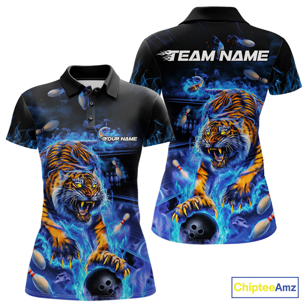 Custom Blue Fire Flame Tiger Bowling Team Polo Shirts For Women, Tiger Bowling Jerseys IPHW9481