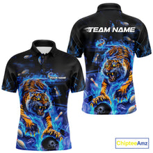 Load image into Gallery viewer, Custom Blue Fire Flame Tiger Bowling Team Polo Shirts For Men, Tiger Bowling Jerseys IPHW9481