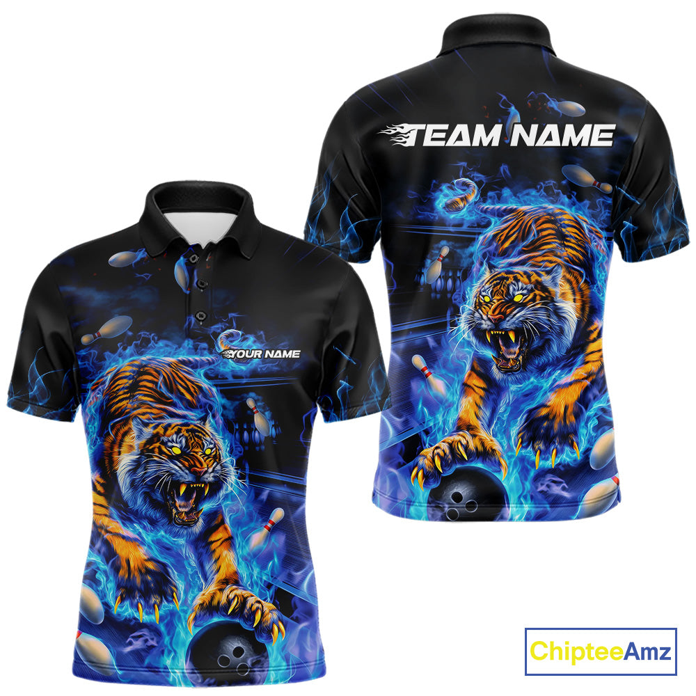 Custom Blue Fire Flame Tiger Bowling Team Polo Shirts For Men, Tiger Bowling Jerseys IPHW9481