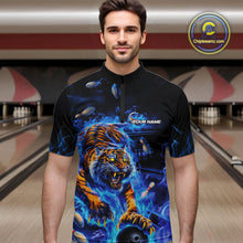 Load image into Gallery viewer, Custom Blue Fire Flame Tiger Bowling Team Quarter-Zip Shirts For Men, Tiger Bowling Jerseys IPHW9481