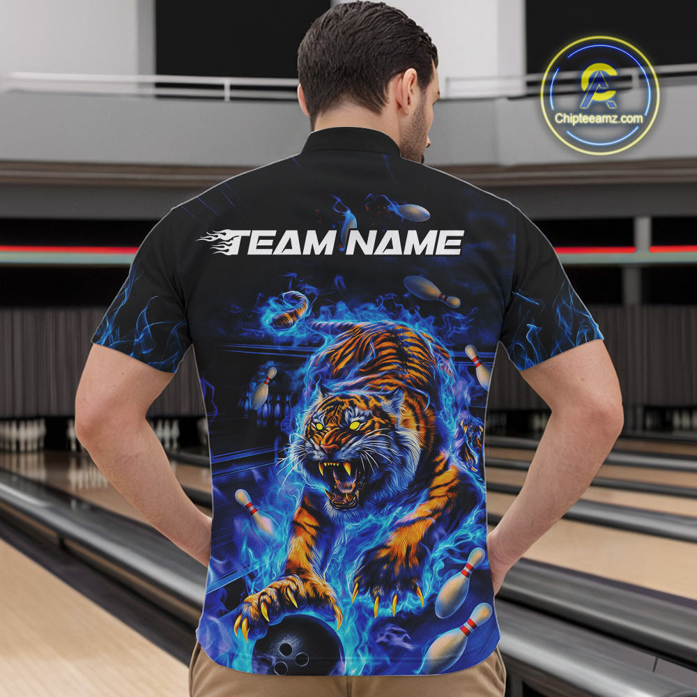 Custom Blue Fire Flame Tiger Bowling Team Quarter-Zip Shirts For Men, Tiger Bowling Jerseys IPHW9481