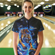 Load image into Gallery viewer, Custom Blue Fire Flame Tiger Bowling Team Women Quarter-Zip Shirts, Tiger Bowling Jerseys IPHW9481