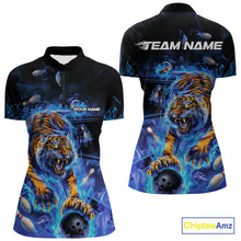 Load image into Gallery viewer, Custom Blue Fire Flame Tiger Bowling Team Women Quarter-Zip Shirts, Tiger Bowling Jerseys IPHW9481