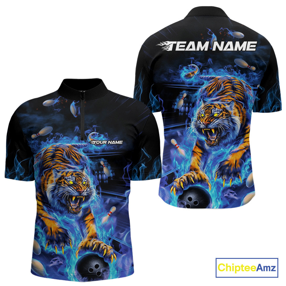 Custom Blue Fire Flame Tiger Bowling Team Quarter-Zip Shirts For Men, Tiger Bowling Jerseys IPHW9481
