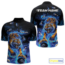 Load image into Gallery viewer, Custom Blue Fire Flame Tiger Bowling Team Quarter-Zip Shirts For Men, Tiger Bowling Jerseys IPHW9481