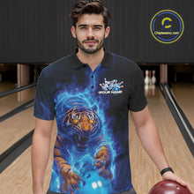 Load image into Gallery viewer, Custom Blue Fire Flame Tiger Bowling Team Polo Shirts For Men, Tiger Bowling Jerseys IPHW9483