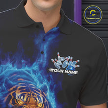 Load image into Gallery viewer, Custom Blue Fire Flame Tiger Bowling Team Polo Shirts For Men, Tiger Bowling Jerseys IPHW9483