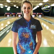 Load image into Gallery viewer, Custom Blue Fire Flame Tiger Bowling Team Polo Shirts For Women, Tiger Bowling Jerseys IPHW9483