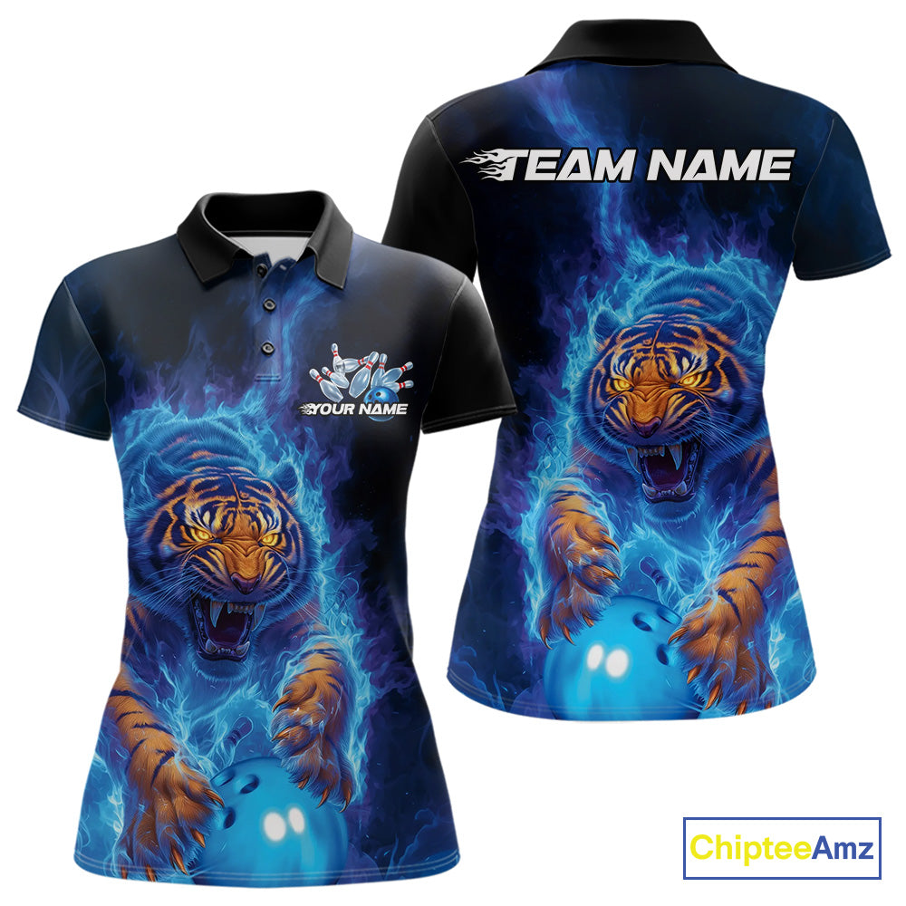 Custom Blue Fire Flame Tiger Bowling Team Polo Shirts For Women, Tiger Bowling Jerseys IPHW9483