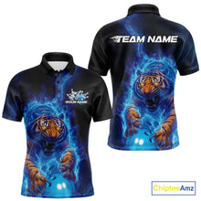 Load image into Gallery viewer, Custom Blue Fire Flame Tiger Bowling Team Polo Shirts For Men, Tiger Bowling Jerseys IPHW9483