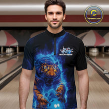 Load image into Gallery viewer, Custom Blue Fire Flame Tiger Bowling Team Quarter-Zip Shirts For Men, Tiger Bowling Jerseys IPHW9483