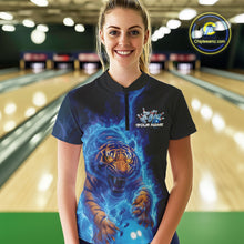 Load image into Gallery viewer, Custom Blue Fire Flame Tiger Bowling Team Women Quarter-Zip Shirts, Tiger Bowling Jerseys IPHW9483