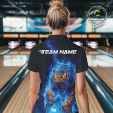 Load image into Gallery viewer, Custom Blue Fire Flame Tiger Bowling Team Women Quarter-Zip Shirts, Tiger Bowling Jerseys IPHW9483