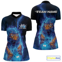 Load image into Gallery viewer, Custom Blue Fire Flame Tiger Bowling Team Women Quarter-Zip Shirts, Tiger Bowling Jerseys IPHW9483