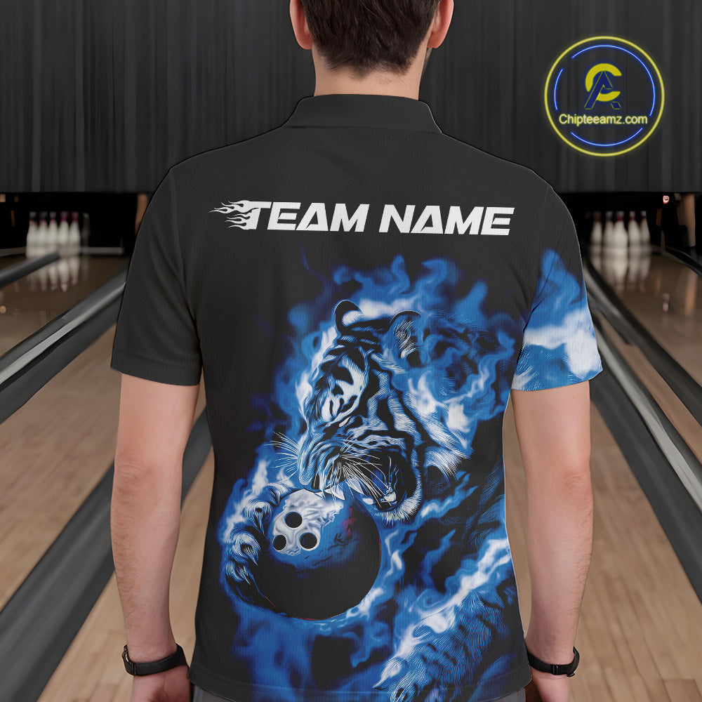 Custom Blue Fire Flame Tiger Bowling Jerseys, Bowling Team Men Polo Shirts IPHW9487