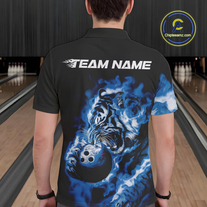 Custom Blue Fire Flame Tiger Bowling Jerseys, Bowling Team Men Polo Shirts IPHW9487