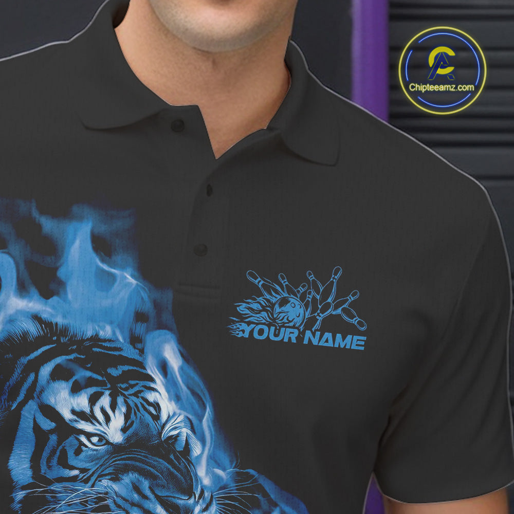 Custom Blue Fire Flame Tiger Bowling Jerseys, Bowling Team Men Polo Shirts IPHW9487