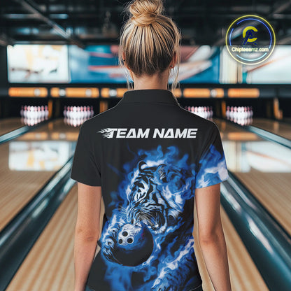 Custom Blue Fire Flame Tiger Bowling Jerseys, Bowling Team Women Polo Shirts IPHW9487