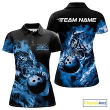 Load image into Gallery viewer, Custom Blue Fire Flame Tiger Bowling Jerseys, Bowling Team Women Polo Shirts IPHW9487
