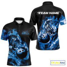 Load image into Gallery viewer, Custom Blue Fire Flame Tiger Bowling Jerseys, Bowling Team Men Polo Shirts IPHW9487