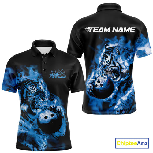 Custom Blue Fire Flame Tiger Bowling Jerseys, Bowling Team Men Polo Shirts IPHW9487