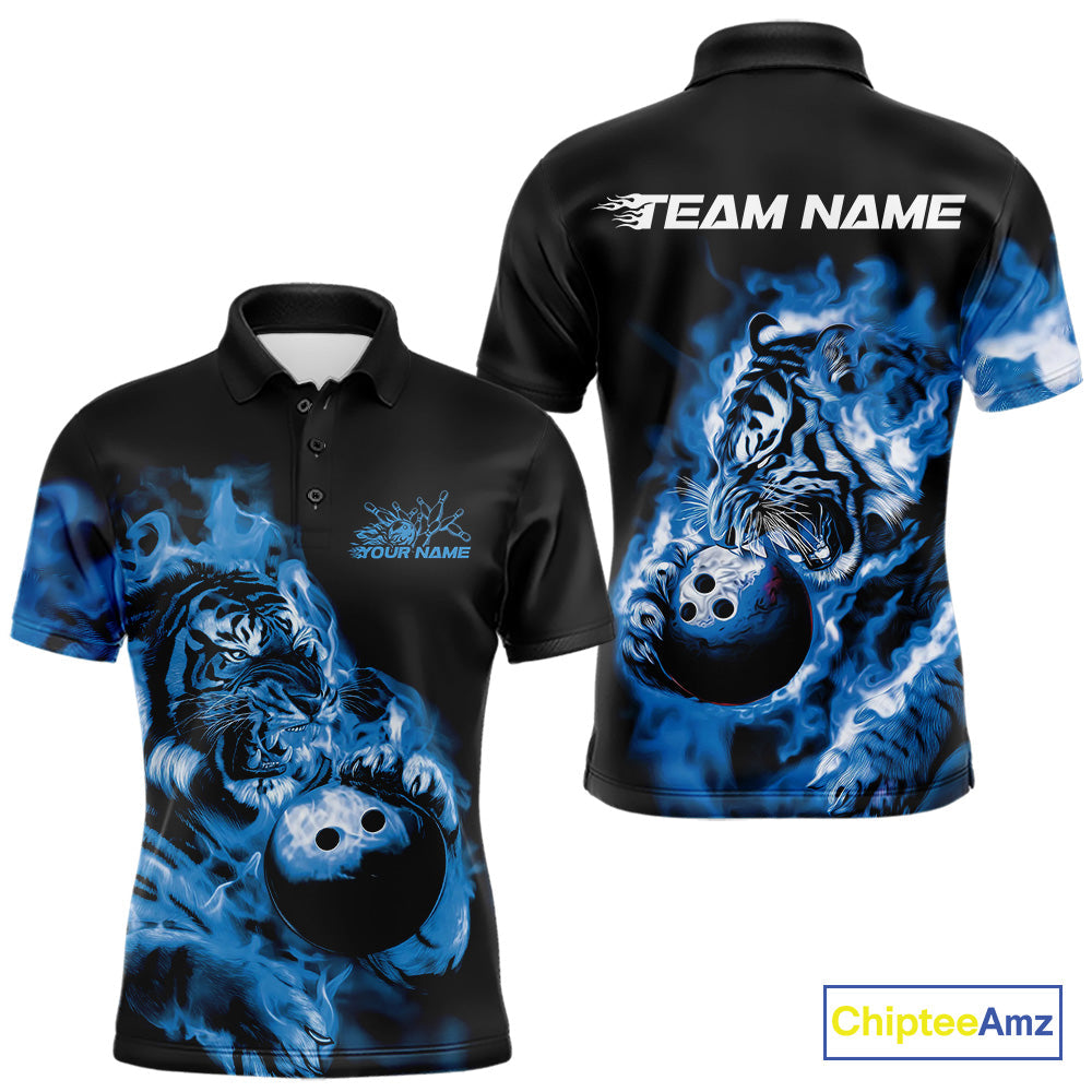 Custom Blue Fire Flame Tiger Bowling Jerseys, Bowling Team Men Polo Shirts IPHW9487