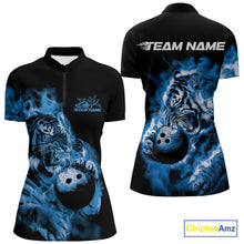 Load image into Gallery viewer, Custom Blue Fire Flame Tiger Bowling Jerseys, Bowling Team Women Quarter-Zip Shirts IPHW9487