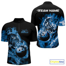 Load image into Gallery viewer, Custom Blue Fire Flame Tiger Bowling Jerseys, Bowling Team Men Quarter-Zip Shirts IPHW9487