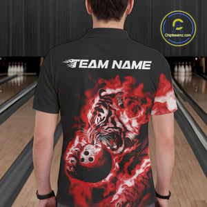 Custom Red Fire Flame Tiger Bowling Jerseys, Bowling Team Men Polo Shirts IPHW9488