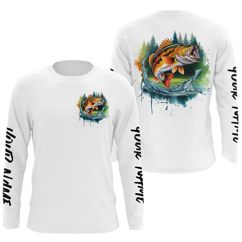 Watercolor Largemouth Bass Fishing Custom Long Sleeve Fishing Shirts, Bass Tournament Fishing Shirt IPHW7961