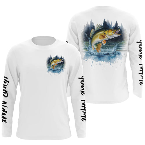 Watercolor Walleye Fishing Custom Long Sleeve Fishing Shirts, Walleye Tournament Fishing Shirt IPHW7962