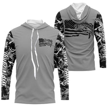 Load image into Gallery viewer, Gray Camo Us Flag Striped Bass Custom Patrotic Long Sleeve Fishing Shirt, Striper Fishing Jersey IPHW7964