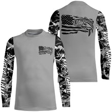 Load image into Gallery viewer, Gray Camo Us Flag Striped Bass Custom Patrotic Long Sleeve Fishing Shirt, Striper Fishing Jersey IPHW7964