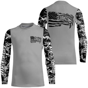 Gray Camo Us Flag Striped Bass Custom Patrotic Long Sleeve Fishing Shirt, Striper Fishing Jersey IPHW7964