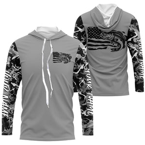 Gray Camo Us Flag Largemouth Bass Custom Patrotic Long Sleeve Fishing Shirt, Bass Fishing Jersey IPHW7965