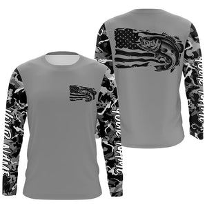 Gray Camo Us Flag Largemouth Bass Custom Patrotic Long Sleeve Fishing Shirt, Bass Fishing Jersey IPHW7965