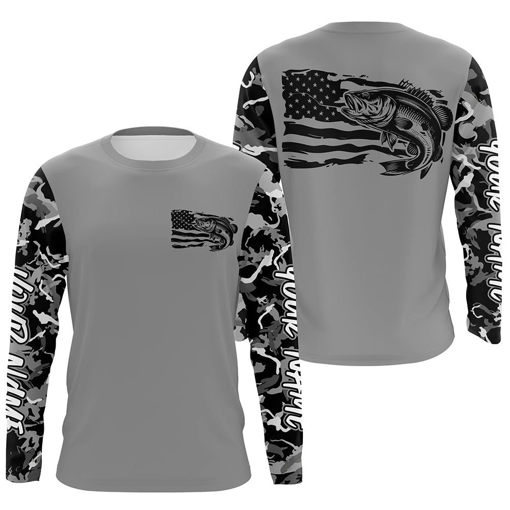 Gray Camo Us Flag Largemouth Bass Custom Patrotic Long Sleeve Fishing Shirt, Bass Fishing Jersey IPHW7965