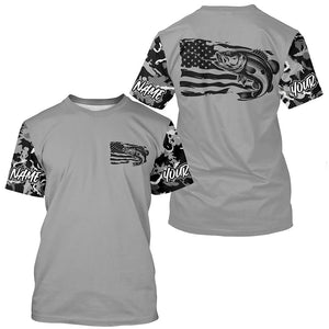 Gray Camo Us Flag Largemouth Bass Custom Patrotic Long Sleeve Fishing Shirt, Bass Fishing Jersey IPHW7965