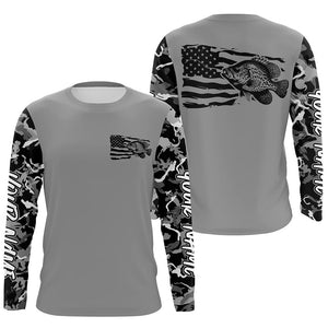 Gray Camo Us Flag Crappie Custom Patrotic Long Sleeve Fishing Shirt, Crappie Fishing Jersey IPHW7966