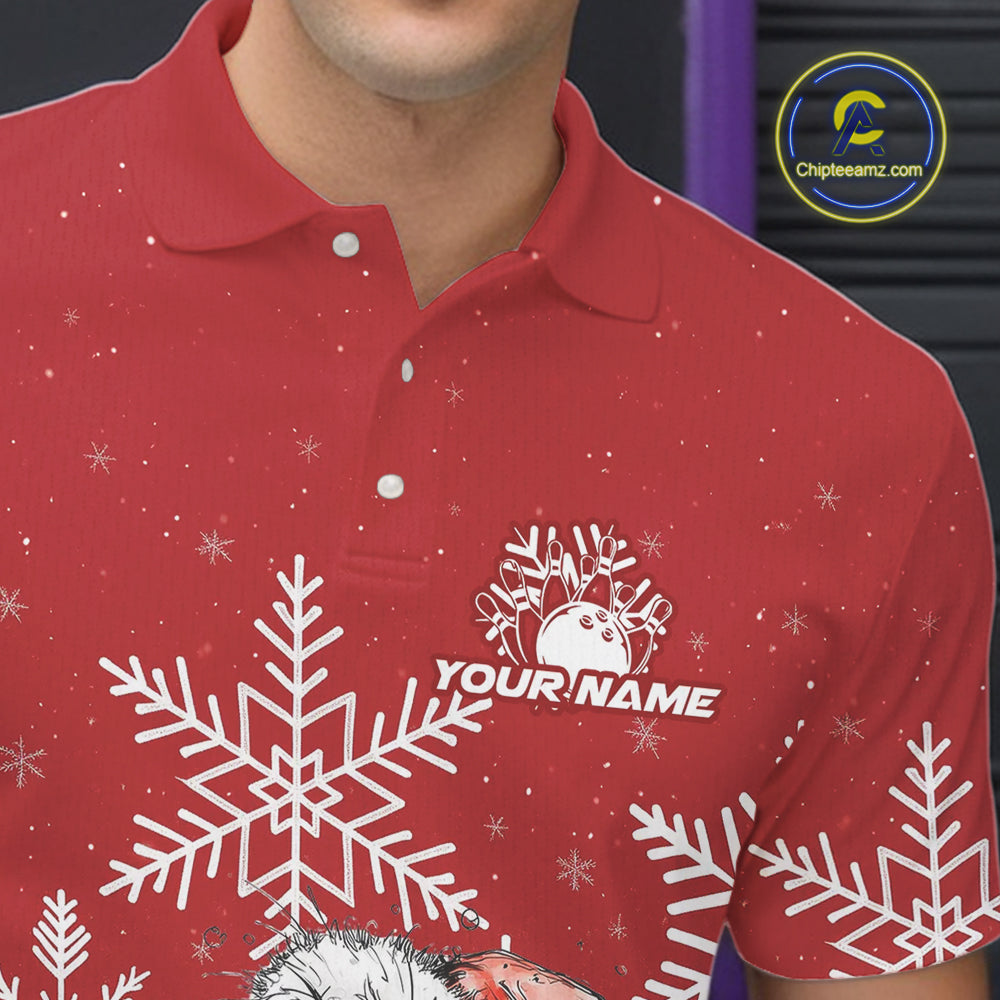 Custom Funny Santa Claus Christmas Bowling Men Polo Shirts, Xmas Bowling Team Shirt IPHW10109