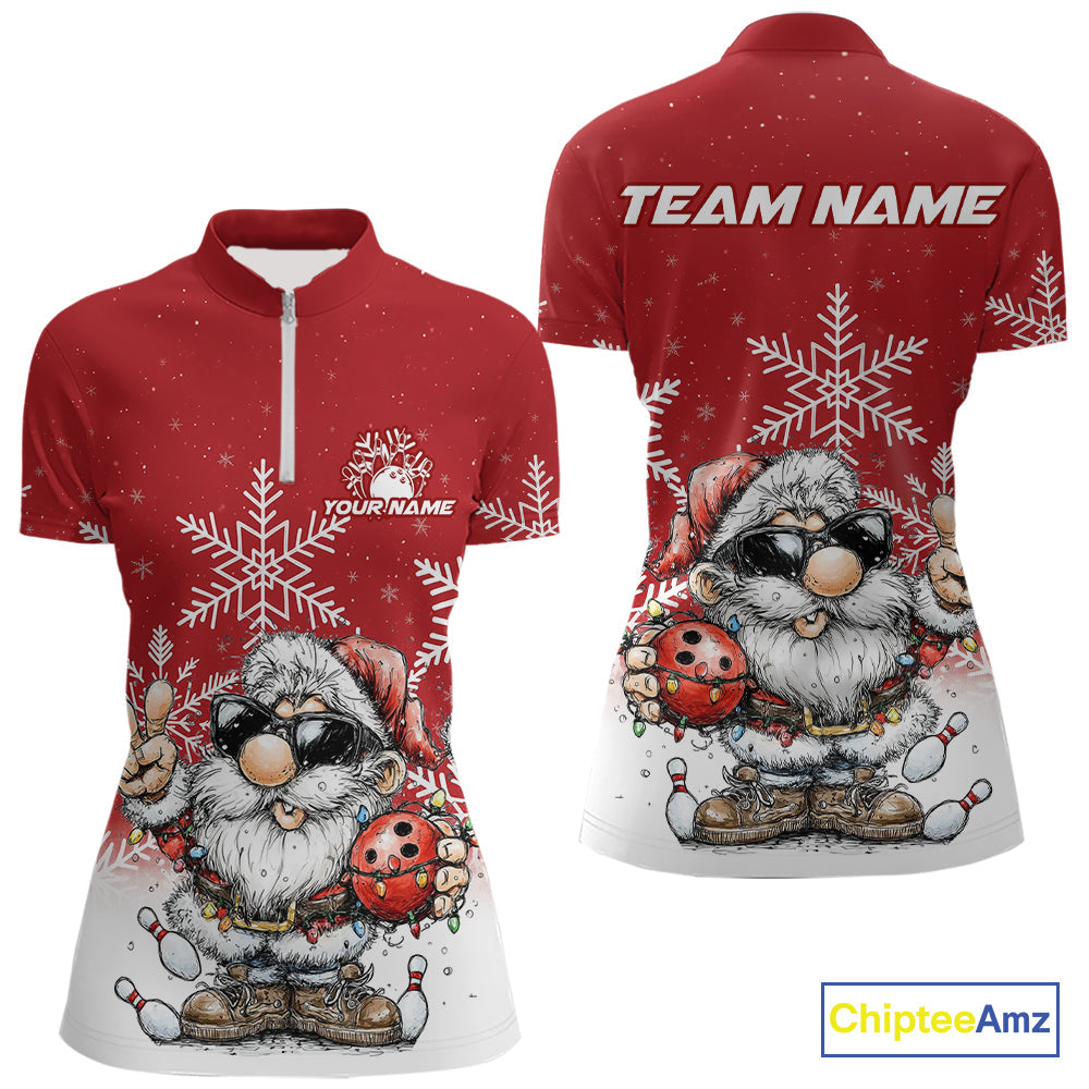 Custom Funny Santa Claus Christmas Bowling Women Quarter-Zip Shirts, Xmas Team Shirt IPHW10109