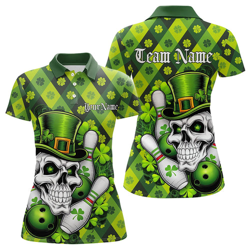 Custom St Patricks Day Skull Bowling Polo Shirt For Women, Green Shamprock Lucky Team Shirt IPHW8581