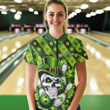 Load image into Gallery viewer, Custom St Patricks Day Skull Bowling Womens Quarter-Zip Shirts, Green Shamprock Lucky Shirt IPHW8581