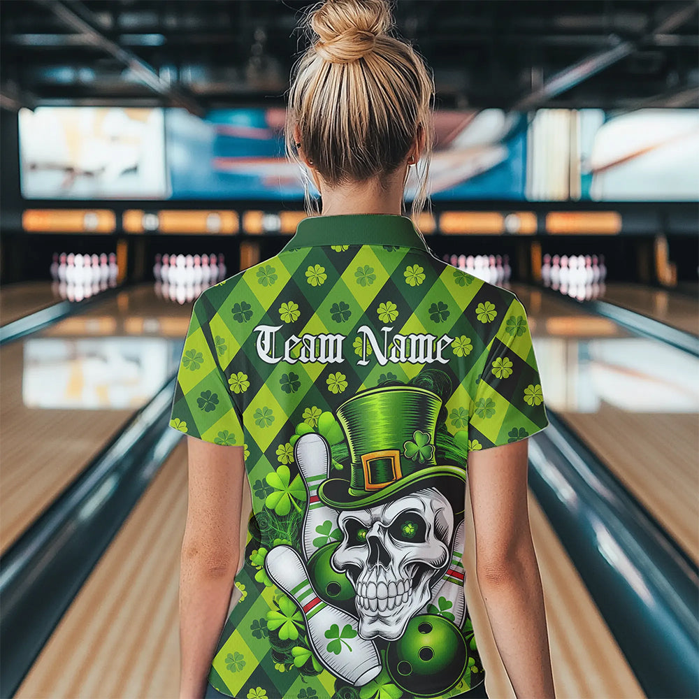 Custom St Patricks Day Skull Bowling Womens Quarter-Zip Shirts, Green Shamprock Lucky Shirt IPHW8581