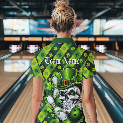 Custom St Patricks Day Skull Bowling Womens Quarter-Zip Shirts, Green Shamprock Lucky Shirt IPHW8581