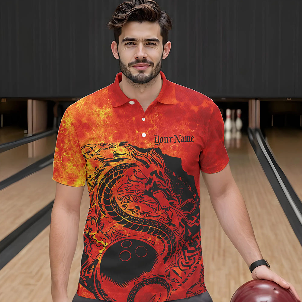 Custom Red Flame Viking Dragon Bowling Polo Team Shirts For Men, Bowling League Shirts IPHW8585