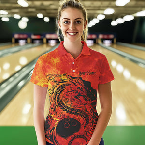 Custom Red Flame Viking Dragon Bowling Polo Team Shirts For Women, Bowling League Shirts IPHW8585